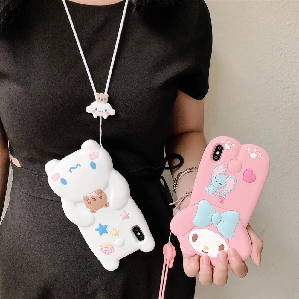 3D Аниме My melody Hello kitty Мягкий силиконовый чехол для телефона для iphone 11 pro max 6 7 8 plus X XR XS MAX Cinnamoroll Lanyard Cover