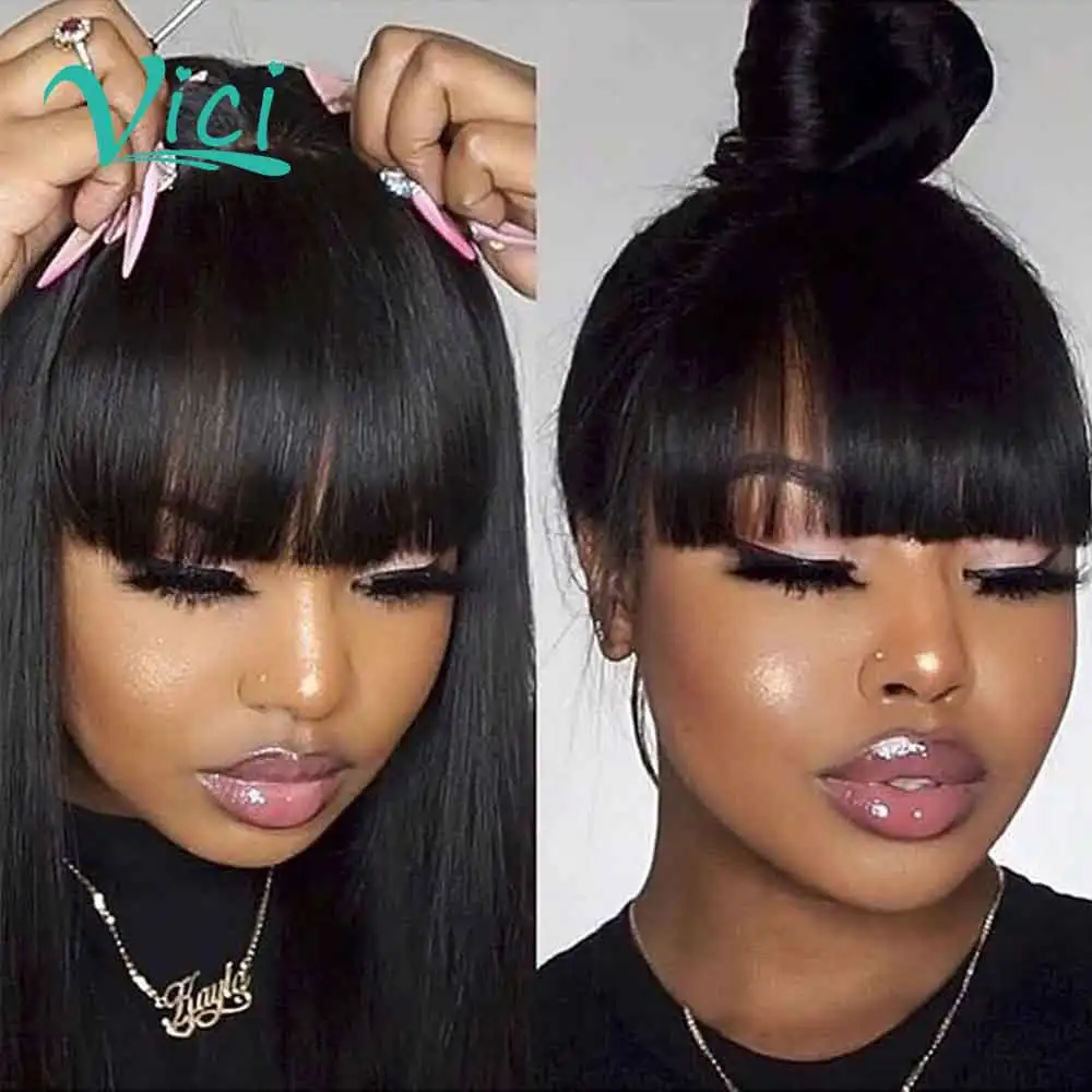 

Straight Wig With Bangs Fringe Bang Wig Human Hair 13x4 Lace Front Wig With Baby Hair Preplucked Lace Wig Human Remy Hair