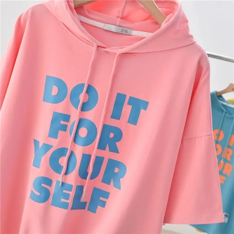 Large Women's Summer Hooded Short Sleeve T-shirt 2021 New Plus Size Candy Color Korean Loose T-shirt Fashion Casual T Shirt graphic tees