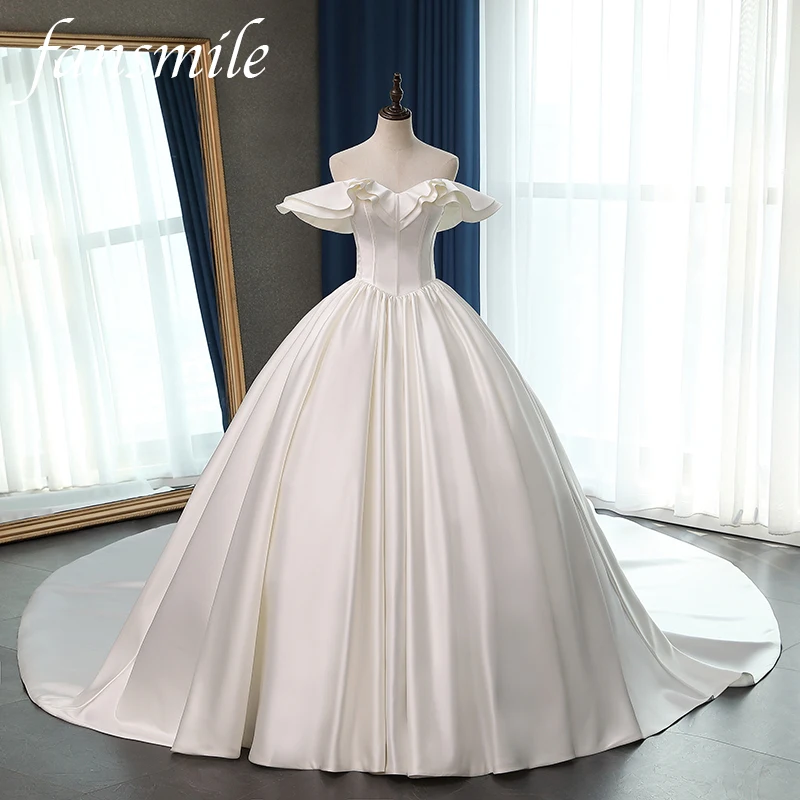 

Fansmile Satin Vestido de Noiva Elegant Ball Gown Wedding Dress 2020 Long Train Bridal Ball Gowns Plus Size Customized FSM-076T