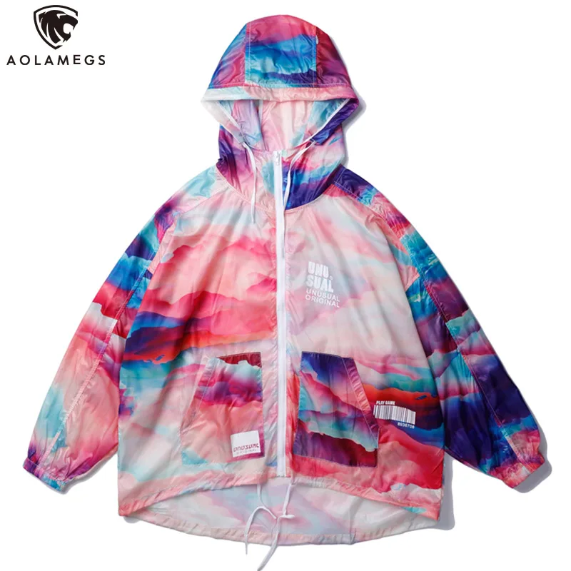 

Aolamegs Jackets Men Hooded Sun Protection Clothing Colorful Hip Hop Thin Casual Style Advanced Coats Advanced Tracksuit Autumn