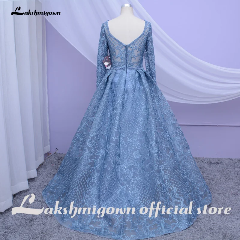 Lakshmigown, роскошное вечернее платье,, длинный рукав, а-силуэт, блестящее, с кристаллами, расшитое бисером, кружевное вечернее платье, Robe de Soiree