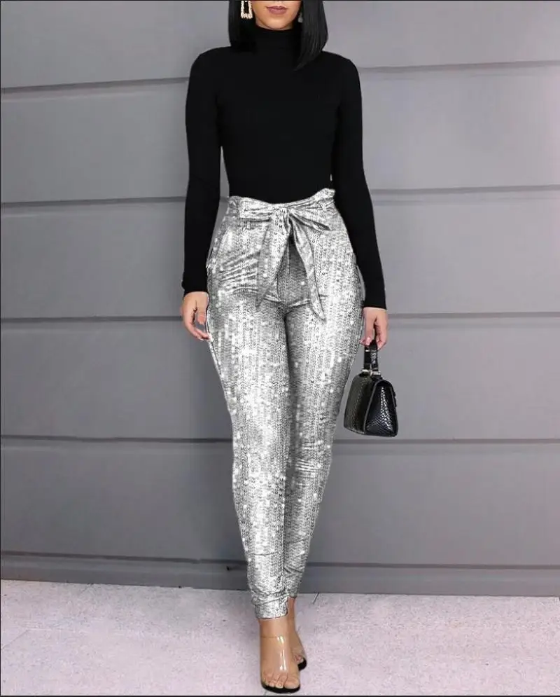 Women Fashion Sequin Long Pencil Pants 