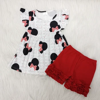 

free shipping cute mice full printed flying sleeves top solid red icing ruffle shorts outfits toddler clothing baby girl clothes