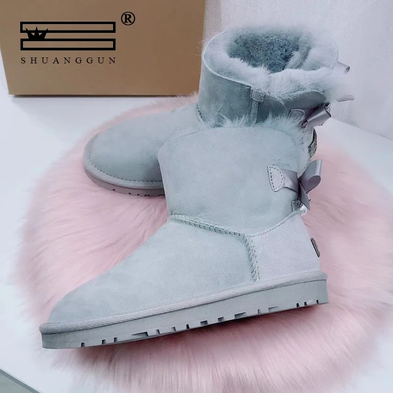 

SHUANGGUN Sheepksin Leather Shearling Wool Fur Lined Short Winter Boots Women Ankle Snow Boots Shoes Silver Crystal Strap