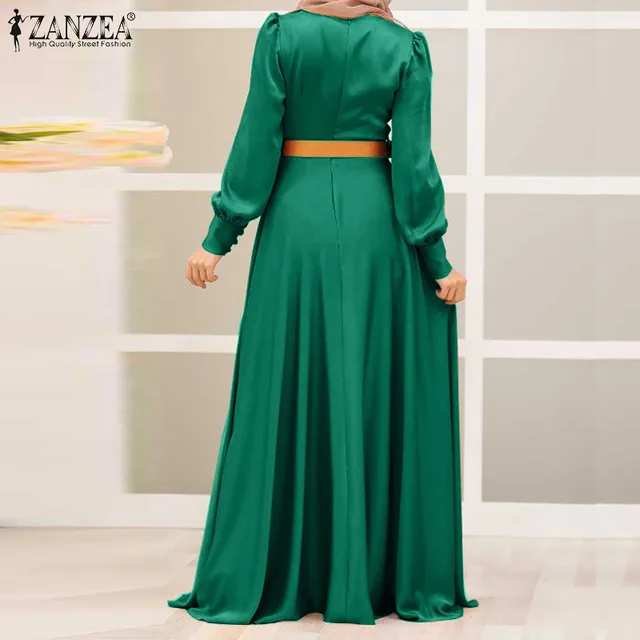  - ZANZEA Women Long Sleeve Satin Maxi Dress Jilbab Islamic Clothing Caftan Marocain Eid Mubarek Dubai Turkey Abaya Hijab Dress