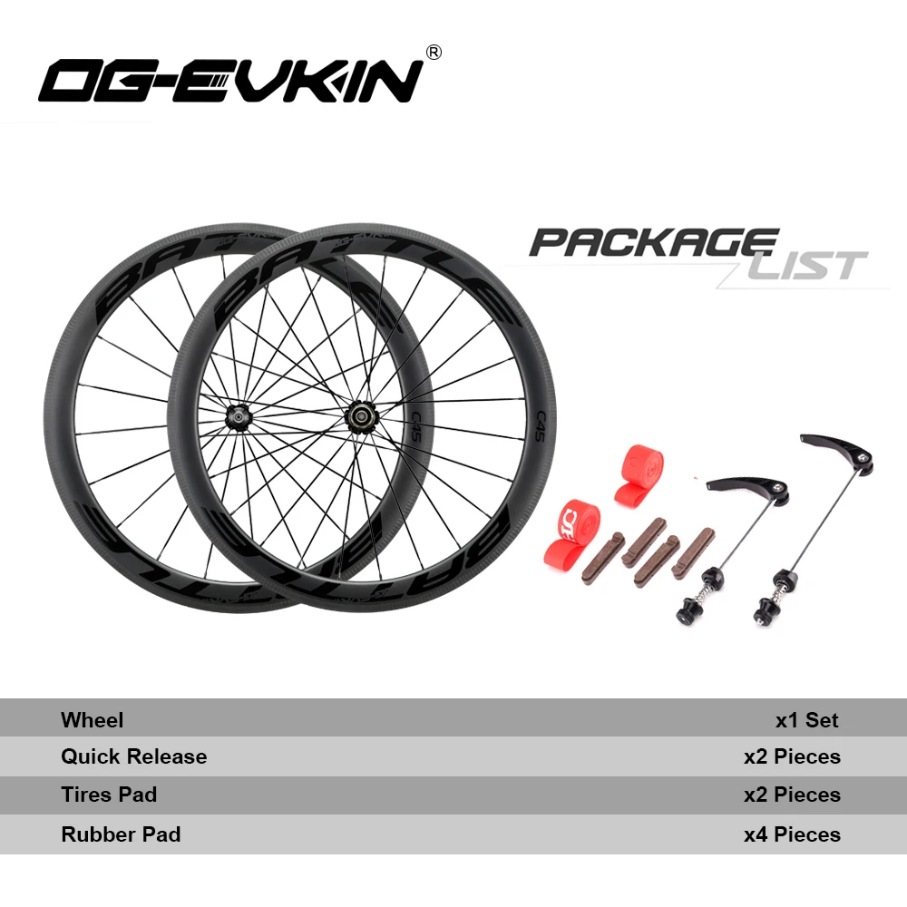 OG-EVKIN RW-002 Carbon Wheels Clincher 45mm Depth 25mm Outer Width V-Brake Carbon Wheel For Road Bike 700c UCI DT350 Wheelset
