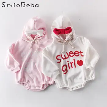 

Ins Sweet Girls Winter Rompers Clothes Baby Butterfly Love Warm Pink Jumpsuits with Hats Crawling Clothes And Plush Thickening