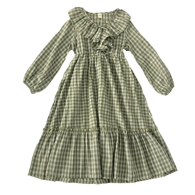

4 to 16 years kids & teenager girls long sleeve plaid v-neck ruffle flare midi long dress child girl fashion fall autumn dress