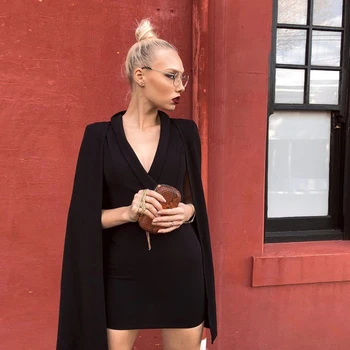 

Women Dress Autumn Winter Long Cloak Sleeve Black Mini Sexy Bodycon Club Dresses V Neck Celebrity Evening Party Dress Vestidos