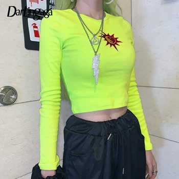 

Darlingaga Casual Neon Color Long Sleeve T-shirt Women Sun Embroidery Crop Tops Fashion Ribbed Autumn Tshirt New Tee Shirt Femme