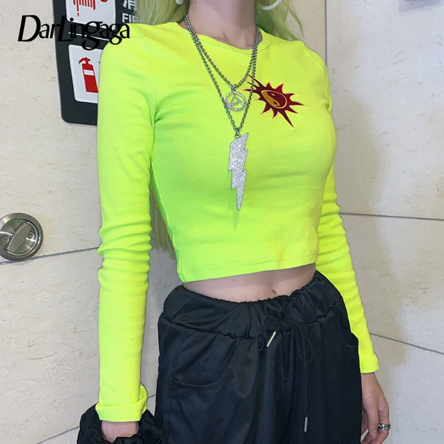 US $9.82 Darlingaga Casual Neon Color Long Sleeve T-shirt Women Sun Embroidery Crop Tops Fashion Ribbed Autu
