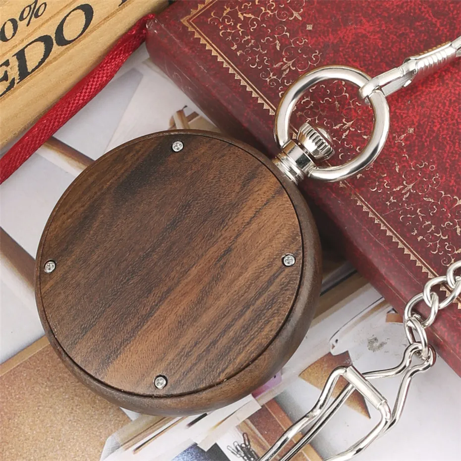 Ebony деревянный корпус кварцевые карманные часы светящаяся указка римские цифры дисплей кулон часы серебро подвесная цепочка винтажные