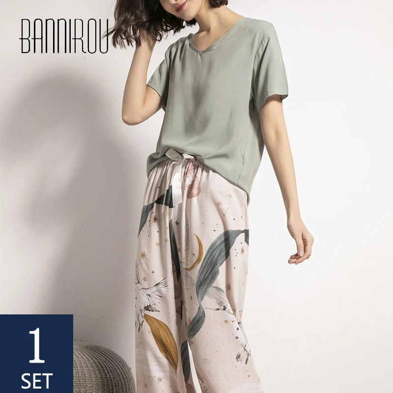 

BANNIROU Spring Printed Pajamas For Women Sets printing Pyjamas Set Viscose Floral Female Night Suits Pyjamas Sets 2 Piece 2020