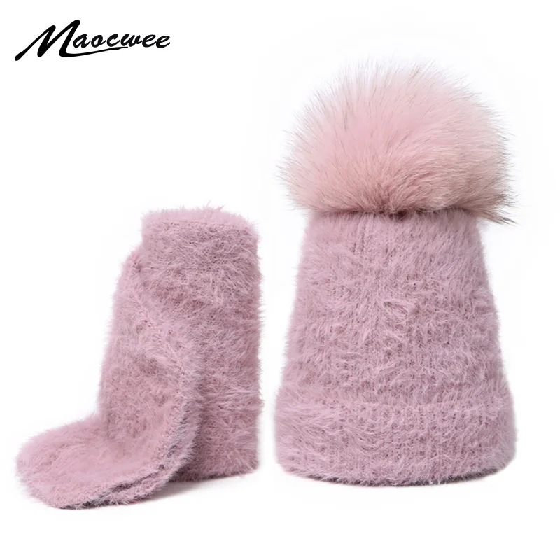 Winter Mink Hair Knitted Hat and Scarf Sets For Women And Children Hats with Big Real Natural Fox Fur Pompom Warm Soft Beanies | Аксессуары