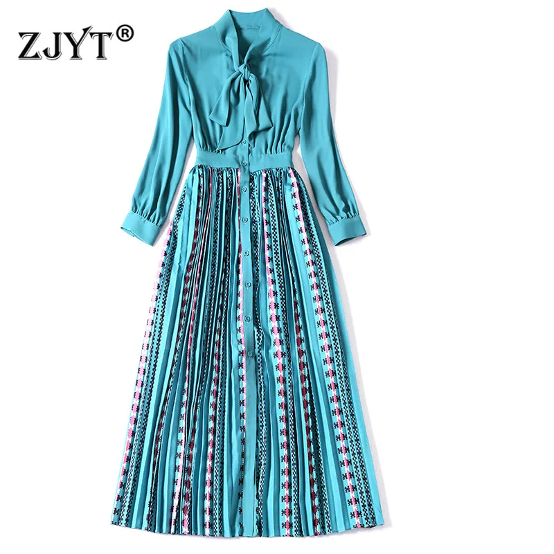 

Europe Fashion Runway Designer Spring Dress Women 2020 New Elegant Bow Collar Single Breasted Print Pleated Dress Party Vestidos
