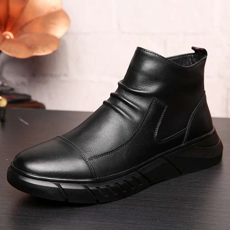 

Autumn & Winter plus Velvet Leather Boot Hight-top MEN'S SHOES Mid-top England Men's Snow Boots Really Warm Short Boots Korean-s
