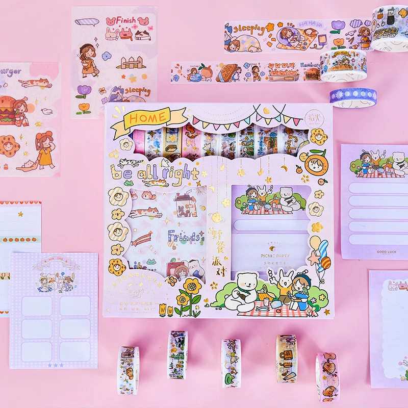 

Washi Tape Hot Stamping Sticker Set DIY Planner Masking Tape Adhesive Tapes Stickers Color Page Label Combination