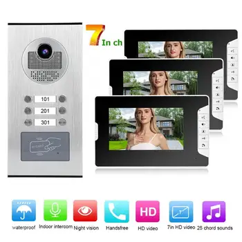 

7in Video Intercom 3 Monitors Smart Doorphone System RFID Night Vision Doorbell 100-240V Video Door Control System