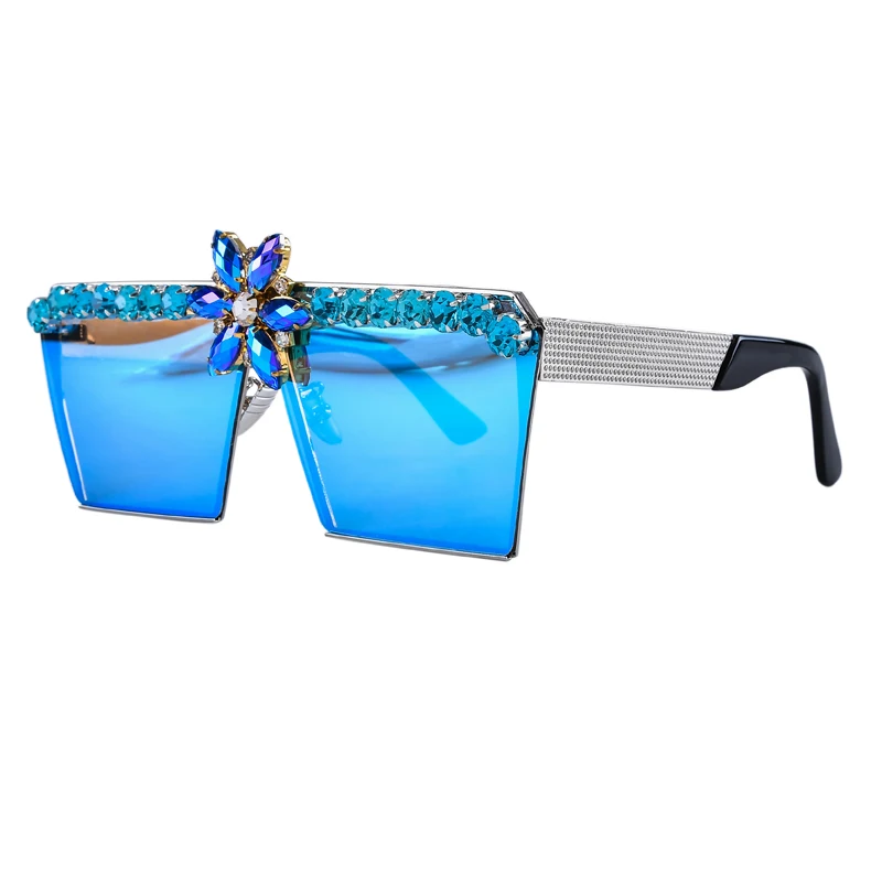 Ретро роскошные стразы негабаритных Винтаж Квадратные Солнцезащитные очки тени Oculos de sol feminino солнцезащитные очки UV400 - Цвет линз: Blue