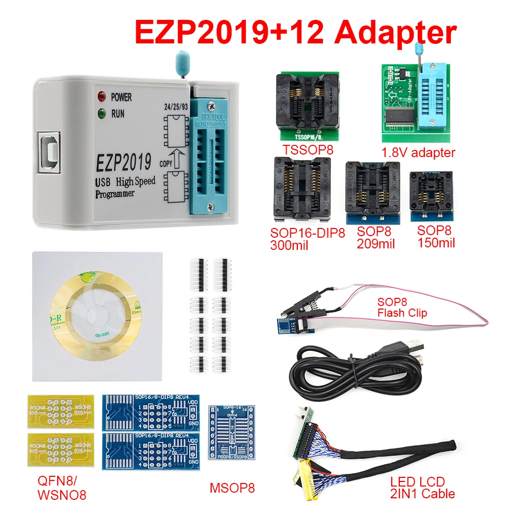 EZP2019 высокоскоростной USB SPI программатор + 12 адаптеров SOP8 тестовый зажим sop8/16 1 8 в