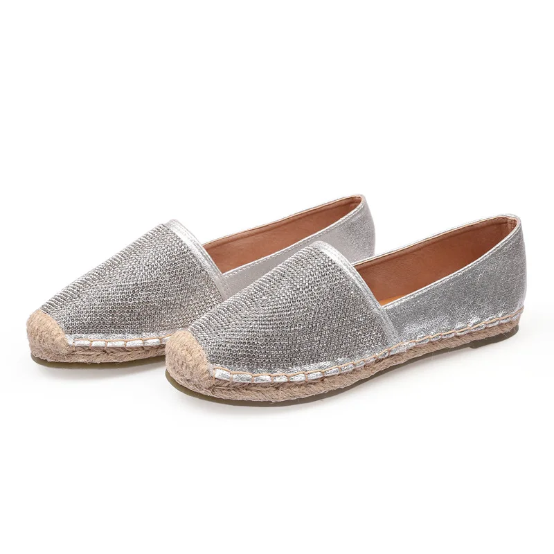 

Spring Crystal Flat Shoes Women Loafers Luxury Rhinestone Fisherman Shoes Breathable Comfortable Slip On Flats Gold Silver Shoe