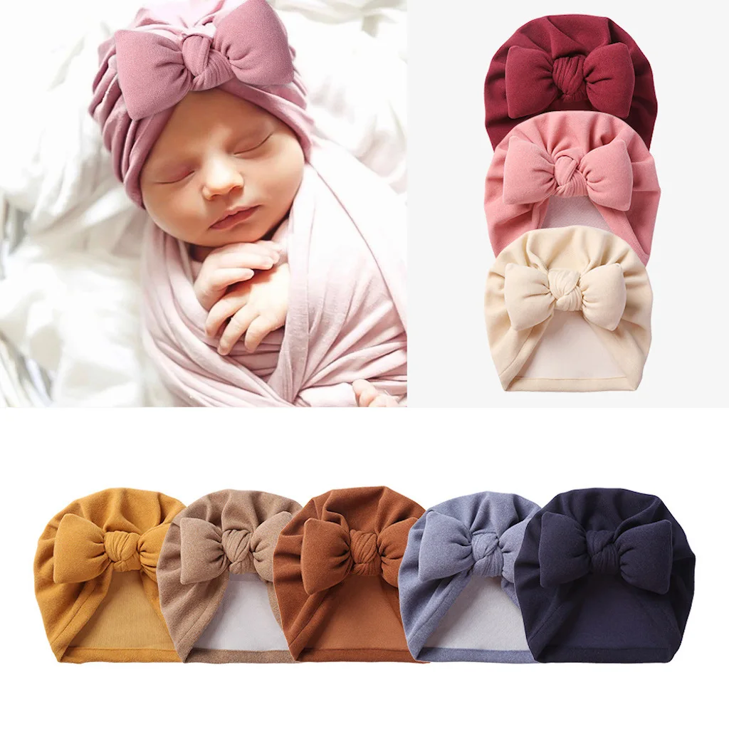 fleece lined beanie Solid Color Baby Hat Beanie With Puffed Big Bowknot Baby Girl Autumn Winter Head Wraps Knot Hat Baby Kids Cashmere Turban Bonnet skully winter hats