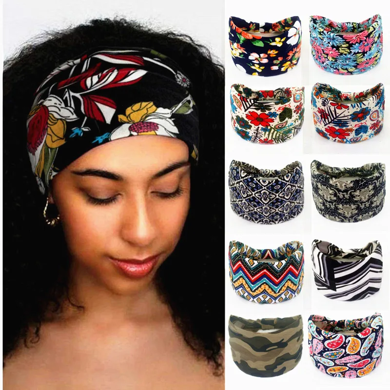 Cotton Print Floral Turbans Headwrap Knot Wide Headbands For Women Hair