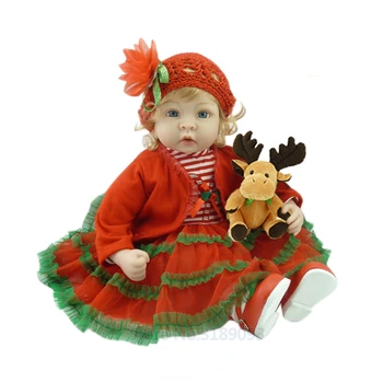 

22" Reborn Doll Soft Cloth Body Silicone Toddler Reborn Babies Red Clothing Bear Full Set Girl Dolls Toys Christmas Gift