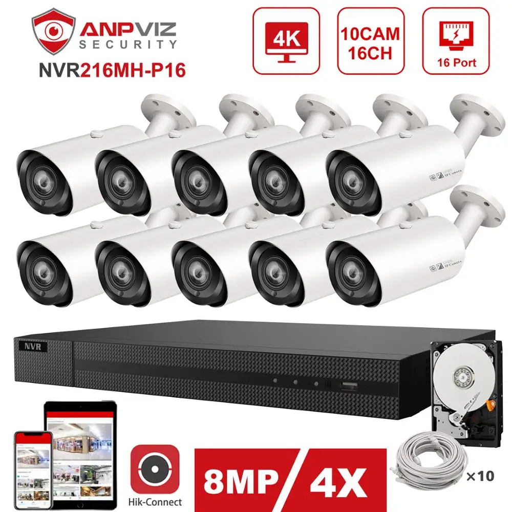Камера видеонаблюдения Hikvision OEM 16 каналов 4K NVR 8 Мп 4X POE IP 10 шт.|Система наблюдения| |
