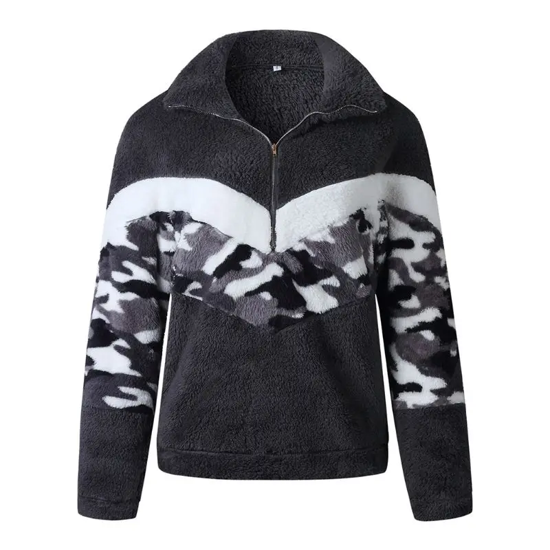 Женский осенне-зимний Пушистый пуловер из флиса, камуфляжный пуловер с длинными рукавами, водолазка на молнии, большие размеры, камуфляж
