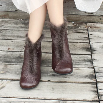 

Fashion Leather Handmade Winter Boots Women High heels Fur Boots 2020 Autumn Winter Female Shoes Round Toe