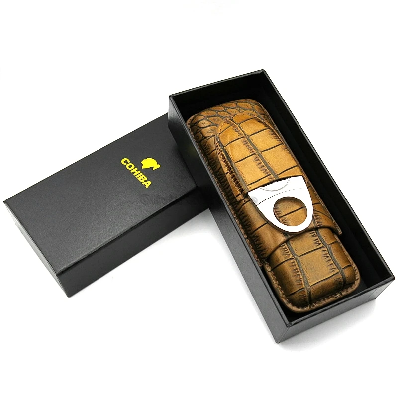COHIBA крокодиловый узор коричневый кожаный чехол для сигар дорожная кожаная коробка для сигар W/нержавеющая Сигара резак подходит для 2 сигар инструмент для курения