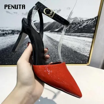 

2020 PENUTA Patent Leather High Heel Sexy Party Shoes Pointy Toe Slingback Heels Ankle Strap Ladies Footwears New Designer G02
