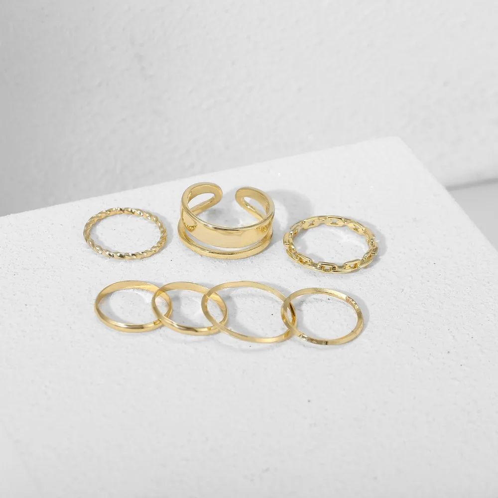 7pcs Fashion Jewelry Rings Set Metal Alloy Hollow Round Opening Women Finger For Girl Lady Party Wedding Gifts