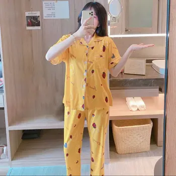 

Pajama Sets Female Cute Cartoon Short-sleeved Tops and Trousers Loose Home Clothing Two-piece Sets