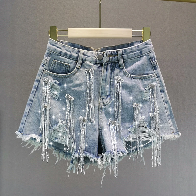 

Jeans Shorts Woman 2020 Summer New European Streetwear Style Loose High Waist Sequin Fringed Ripped Denim Shorts Women's Shorts