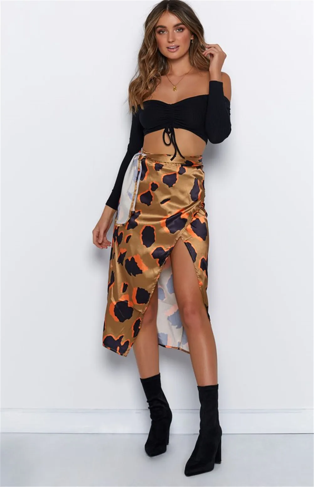 Women Skirts Fashion Office Lady Boho Leopard Print High Waist Skirt Party Club Bodycon Skirts Casual Lace Up Bandage Midi Skirt