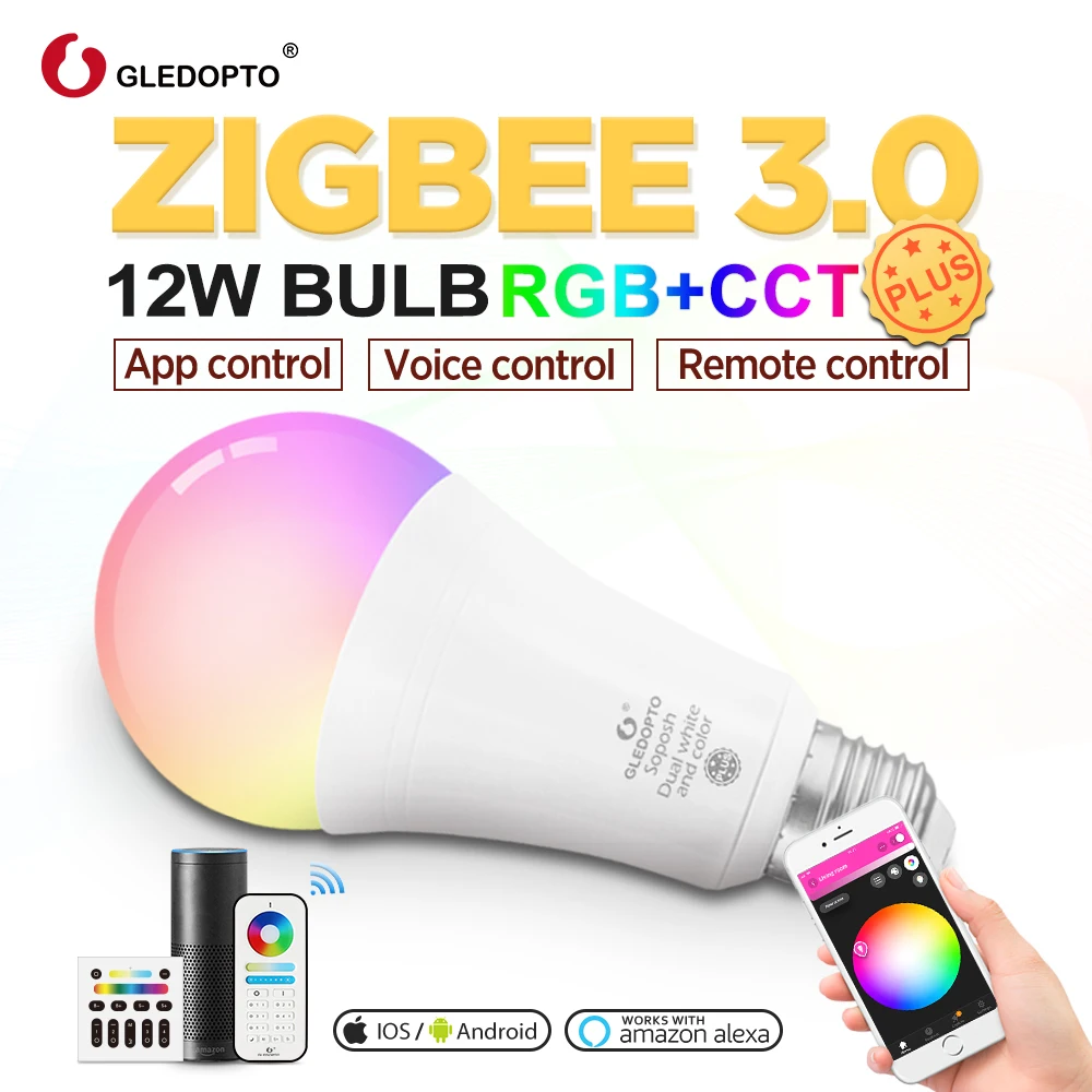 G светодиодный opto RGBCCT E27 12 Вт светодиодный смарт-цветная лампа 2-Pack, Zigbee совместимый шлюз 3,0, Голосовое управление с Alexa, Радиочастотный пульт дистанционного управления