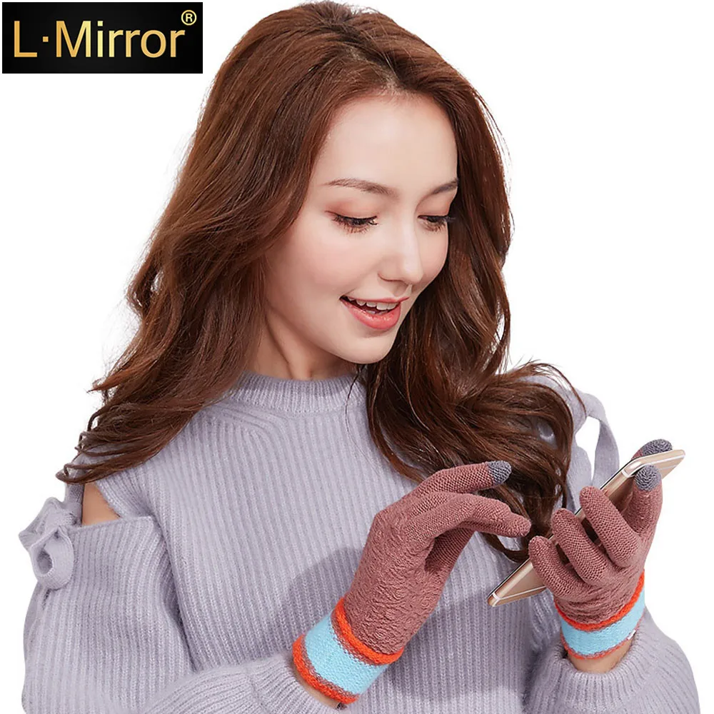 

L.Mirror 1Pair Women Girls Cute Multi Colors Touch Screen Warm Winter Knitted Gloves Soft Mittens