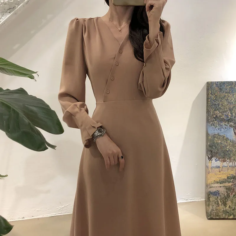 Photo Color Новинка, модное женское длинное платье, элегантное, длинный рукав, v-образный вырез, боковое, однобортное, тонкое, одноцветное, повседневное, женское, офисное платье - Цвет: Photo Color