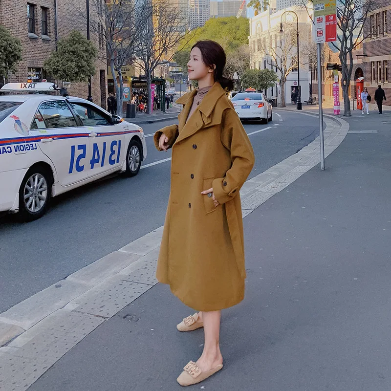 

Woolen Jacket Women's Mid-length 2019 New Style Popular Autumn And Winter Korean-style Loose-Fit Elegant Yellow INS Woolen Overc