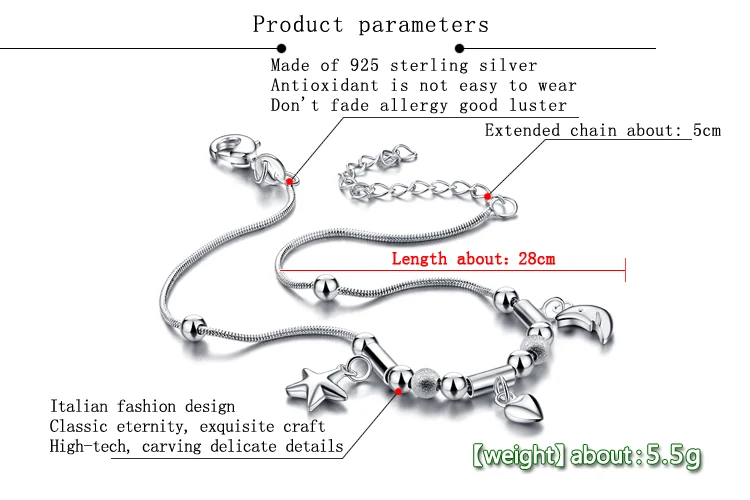 Лаконичный стиль 925 стерлингового серебра anklets Для женщин Луна и звезда кулон Леди Твердые серебряные цепи не аллергический подарок на день рождения