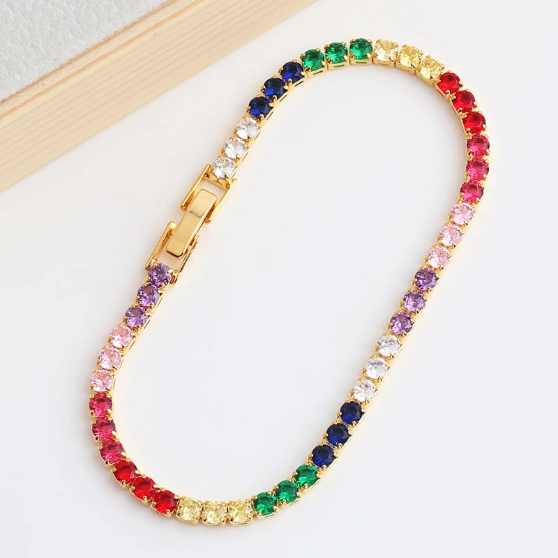 Bracelet Jewelry 18K Gold Plated Baguette Cubic Zirconia Bracelet For Women Men Luxury Jewelry Rainbow CZ Tennis Bangle Girl Gift