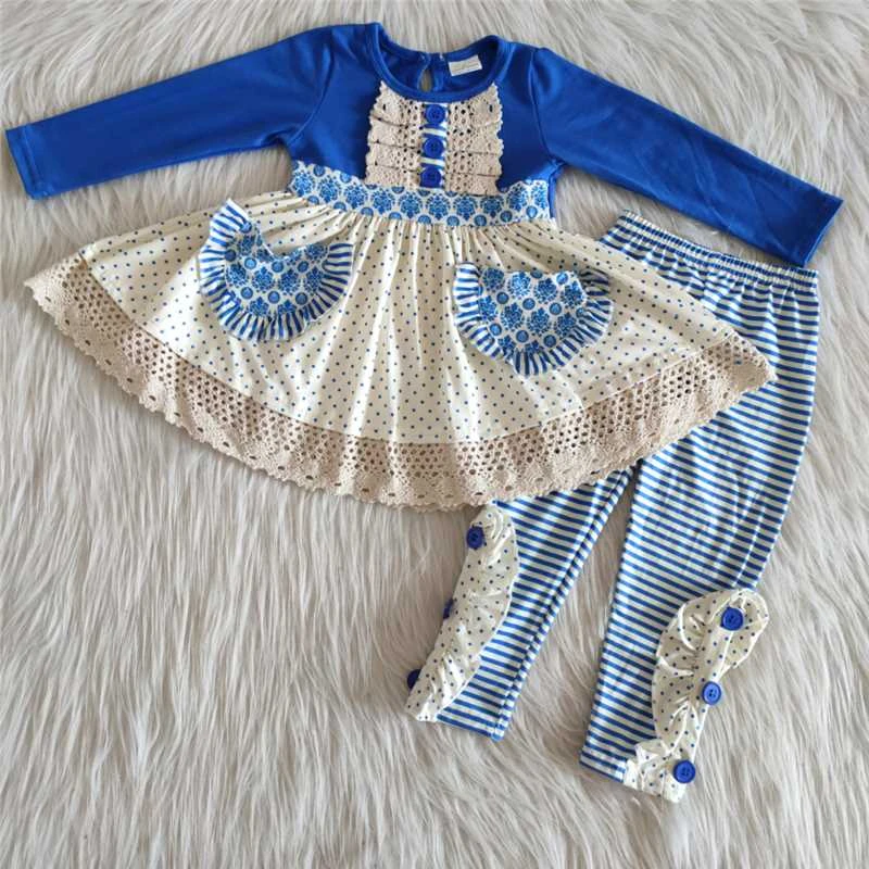 Wholesale Baby Girls Clothes Fall Winter Blue Kids Lace Pocket Dots Shirt Ruffle Striped Pants Boutique Children Infant Outfit newborn clothes set