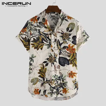 

INCERUN Summer Men Chic Printed Collar Short Sleeve Casual Shirt Hawaiian Beach Button Mens Cotton Fashion Blouse Streetwear