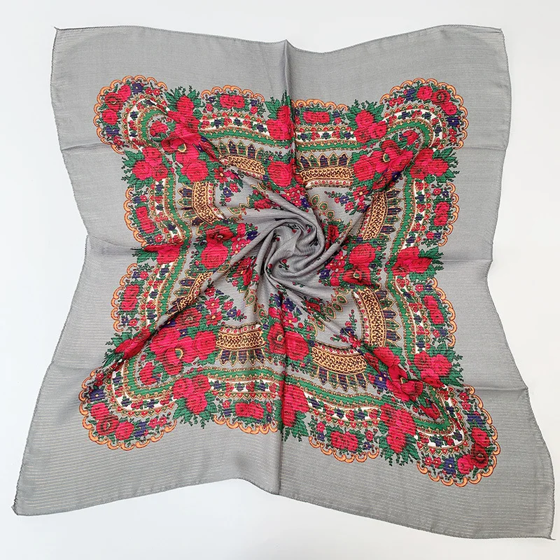 Печатный шарф с этническим принтом 70 см X 70 см пылезащитный цветочный головной убор кешью шарф Ретро Цветочный мусульманский платок русский хиджаб - Цвет: TJ03 Grey