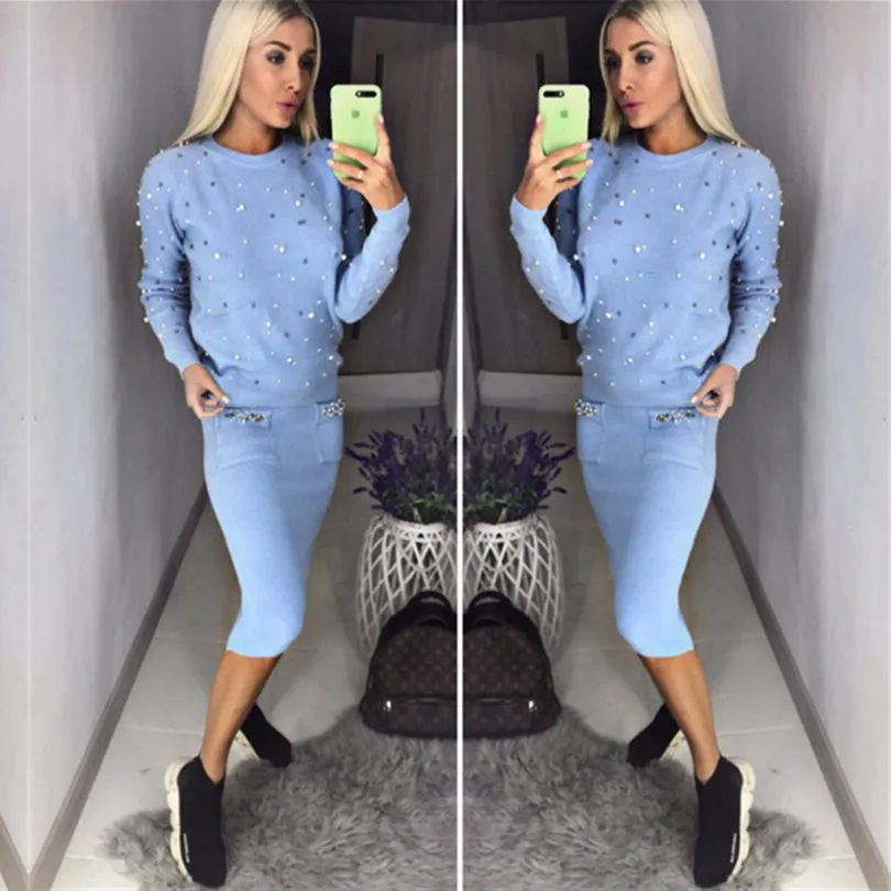 

Taotrees Autumn Women Knitted Two Piece Set Pearl Beading Knitted Pullovers and Pencil Skirt Women Elegant 2 Piece Suits