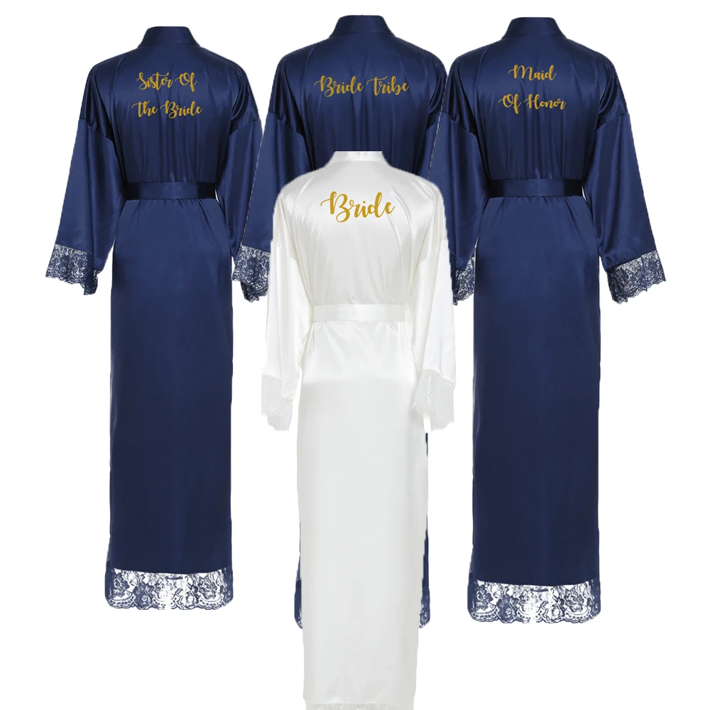 Темно-синее длинное однотонное кимоно для невесты, шелковый халат, атласное Ночное платье, свадебное платье, халат, кружевной халат