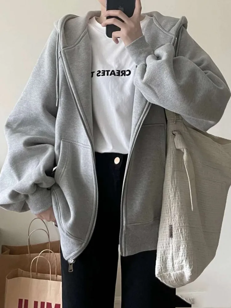 

Женские толстовки большого размера, Осенние повседневные однотонные свитшоты на молнии, Корейская версия, свободное тонкое пальто с длинным рукавом